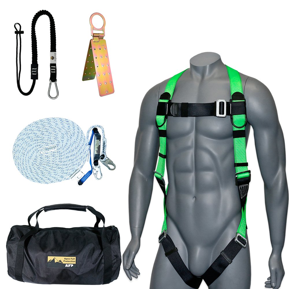 Roofing kit w/ mating-buckle legs on harness & 25' rope lifeline