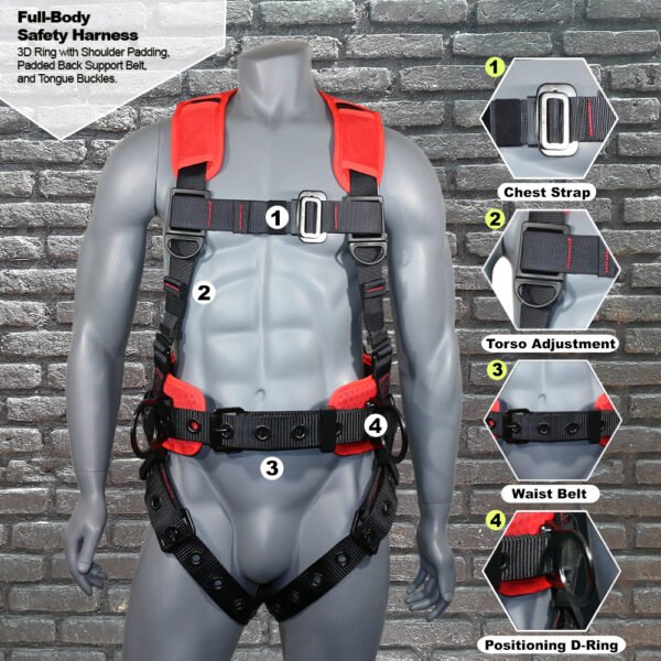 Children: AFP Red Demon Fall Protection Ergonomic Comfort Safety Harness, Soft Pressure-Relieving Perforated Breathable Padded Foam Shoulder, Legs & Back, 3 D-Rings, Tongue Buckle, Mating Buckle (OSHA/ANSI PPE)