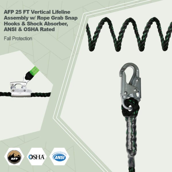 AFP 25 FT Vertical Lifeline Assembly w/ Rope Grab Snap Hooks & Shock Absorber, ANSI & OSHA Rated Fall Protection Roofing Safety Equipment